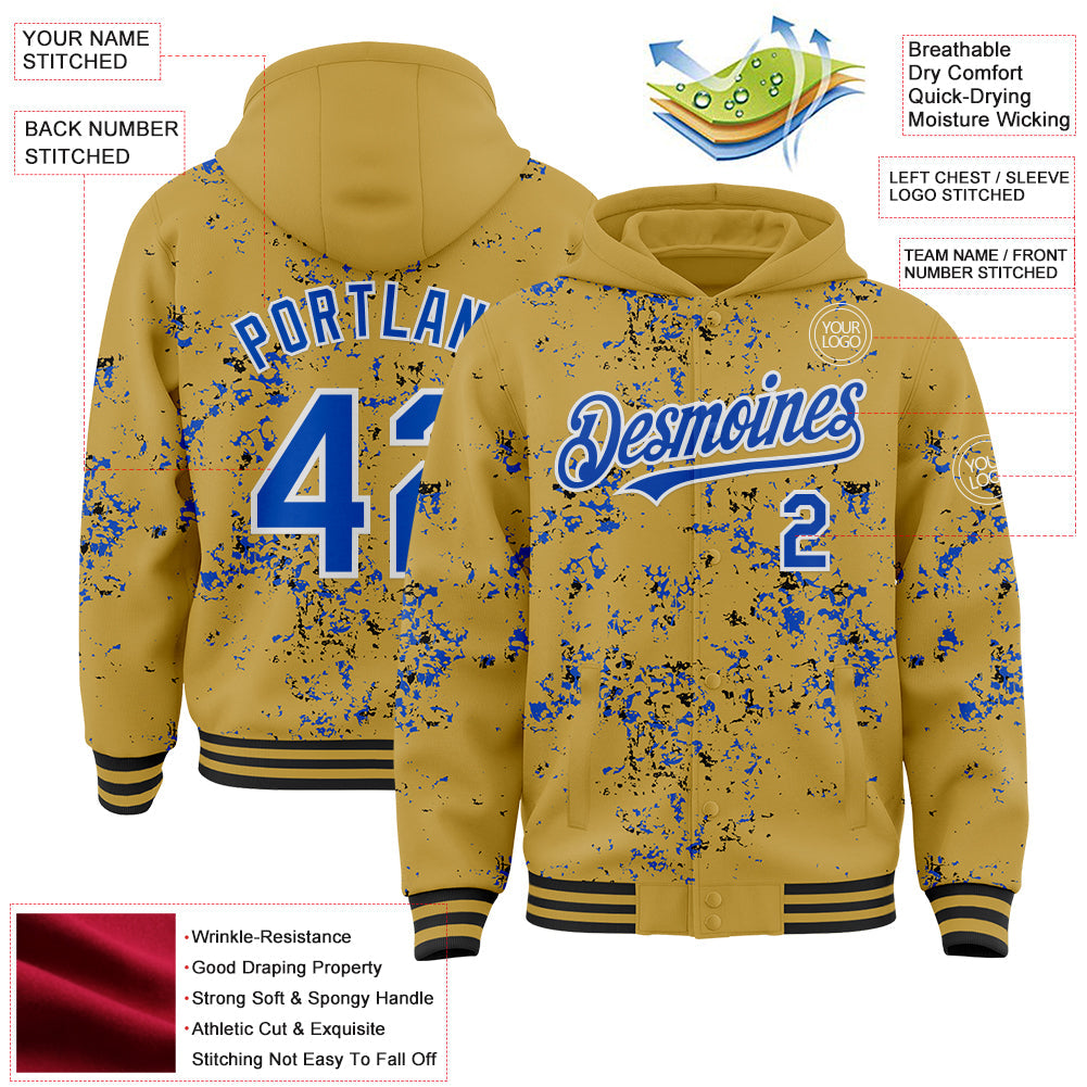 Custom Old Gold Thunder Blue Black-White Fragment Pattern Bomber Full-Snap Varsity Letterman Hoodie Jacket view 4