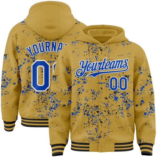 Custom Old Gold Thunder Blue Black-White Fragment Pattern Bomber Full-Snap Varsity Letterman Hoodie Jacket - Main View