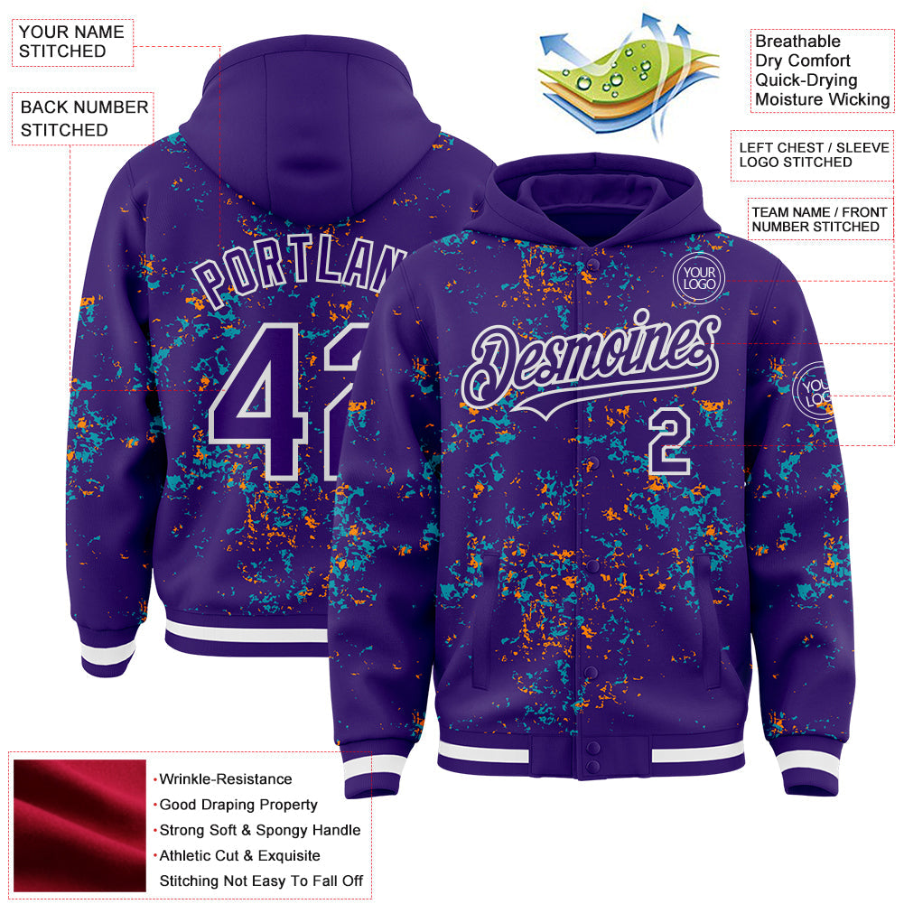 Custom Purple Teal Bay Orange-White Fragment Pattern Bomber Full-Snap Varsity Letterman Hoodie Jacket view 4
