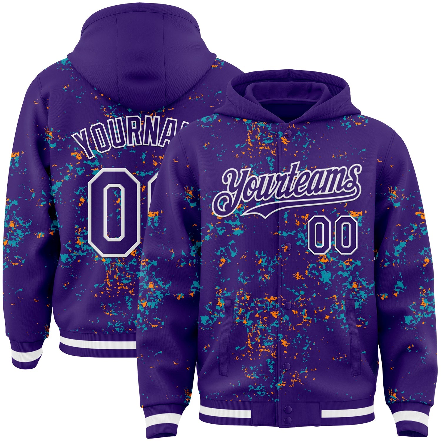 Custom Purple Teal Bay Orange-White Fragment Pattern Bomber Full-Snap Varsity Letterman Hoodie Jacket - Main View