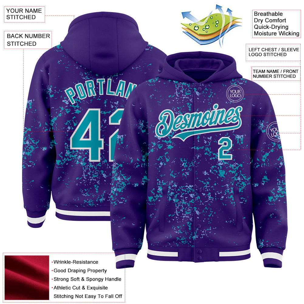 Custom Purple Teal Light Blue-White Fragment Pattern Bomber Full-Snap Varsity Letterman Hoodie Jacket view 4