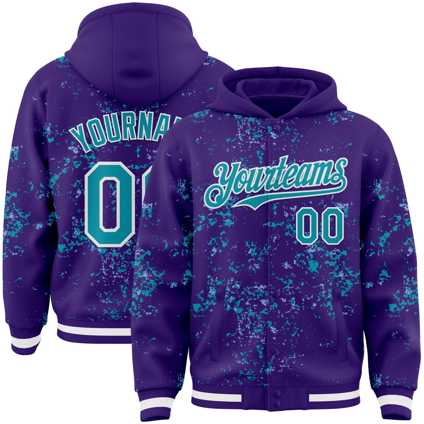 Custom Purple Teal Light Blue-White Fragment Pattern Bomber Full-Snap Varsity Letterman Hoodie Jacket - Main View