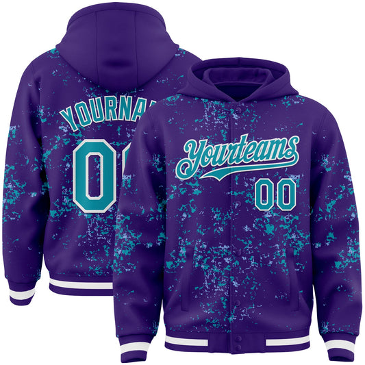 Custom Purple Teal Light Blue-White Fragment Pattern Bomber Full-Snap Varsity Letterman Hoodie Jacket - Main View
