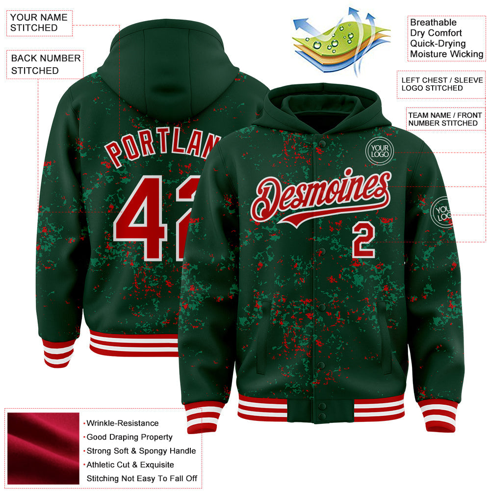 Custom Green Red Kelly Green-White Fragment Pattern Bomber Full-Snap Varsity Letterman Hoodie Jacket view 4