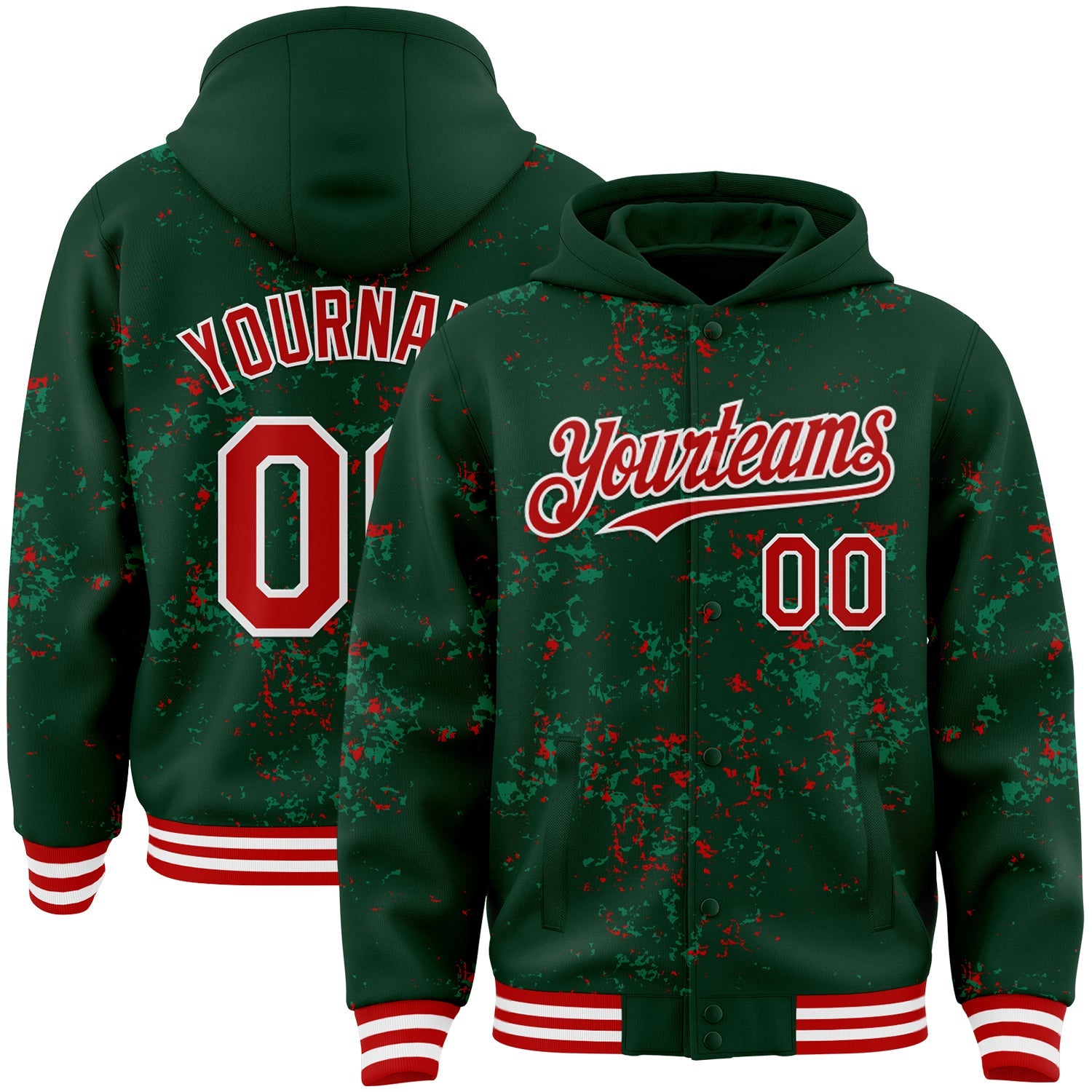 Custom Green Red Kelly Green-White Fragment Pattern Bomber Full-Snap Varsity Letterman Hoodie Jacket - Main View