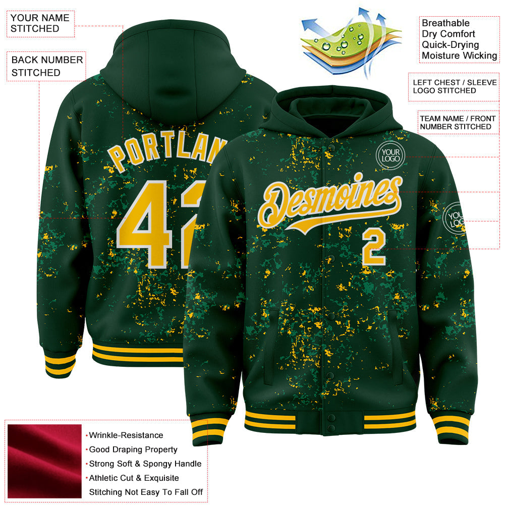 Custom Green Gold Kelly Green-White Fragment Pattern Bomber Full-Snap Varsity Letterman Hoodie Jacket view 4