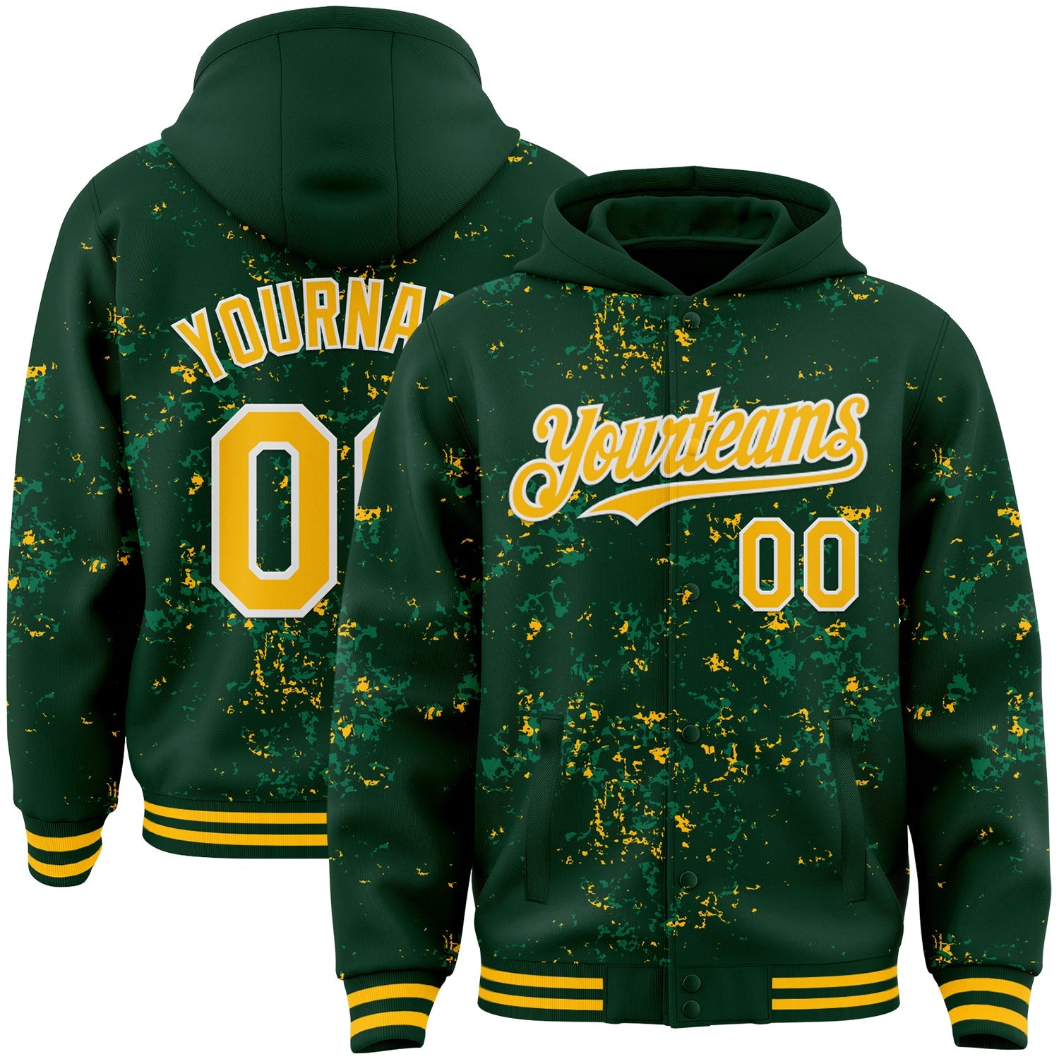 Custom Green Gold Kelly Green-White Fragment Pattern Bomber Full-Snap Varsity Letterman Hoodie Jacket - Main View