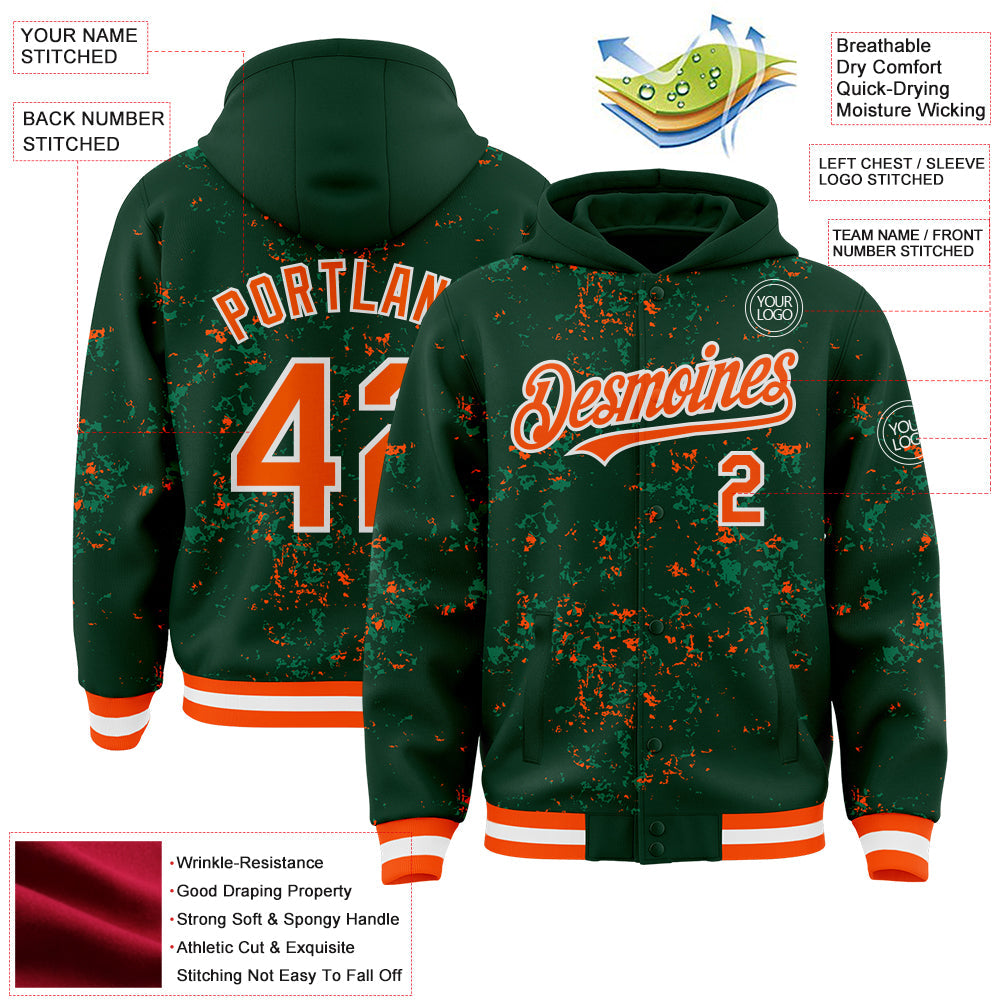 Custom Green Orange Kelly Green-White Fragment Pattern Bomber Full-Snap Varsity Letterman Hoodie Jacket view 4