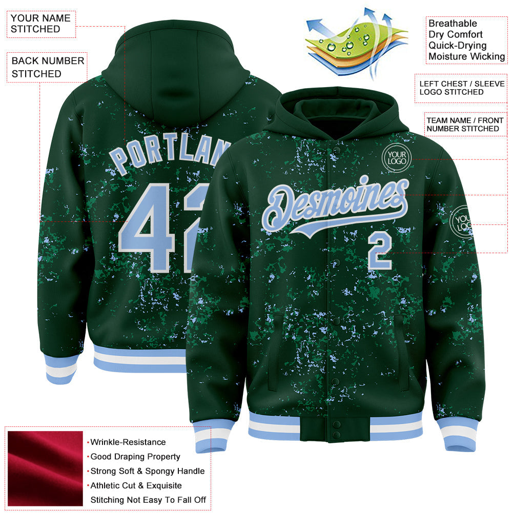 Custom Green Light Blue Kelly Green-White Fragment Pattern Bomber Full-Snap Varsity Letterman Hoodie Jacket view 4