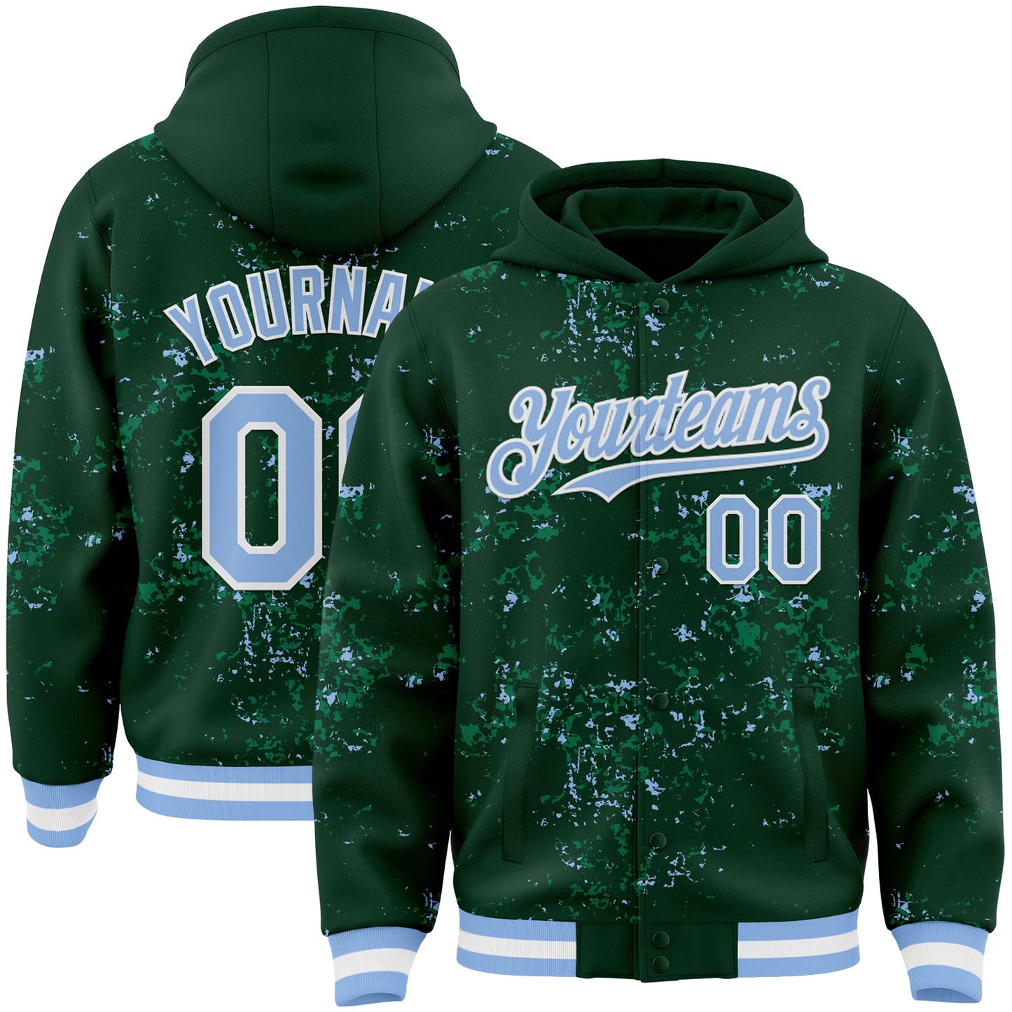 Custom Green Light Blue Kelly Green-White Fragment Pattern Bomber Full-Snap Varsity Letterman Hoodie Jacket - Main View