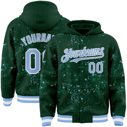 Custom Green Light Blue Kelly Green-White Fragment Pattern Bomber Full-Snap Varsity Letterman Hoodie Jacket - Main View