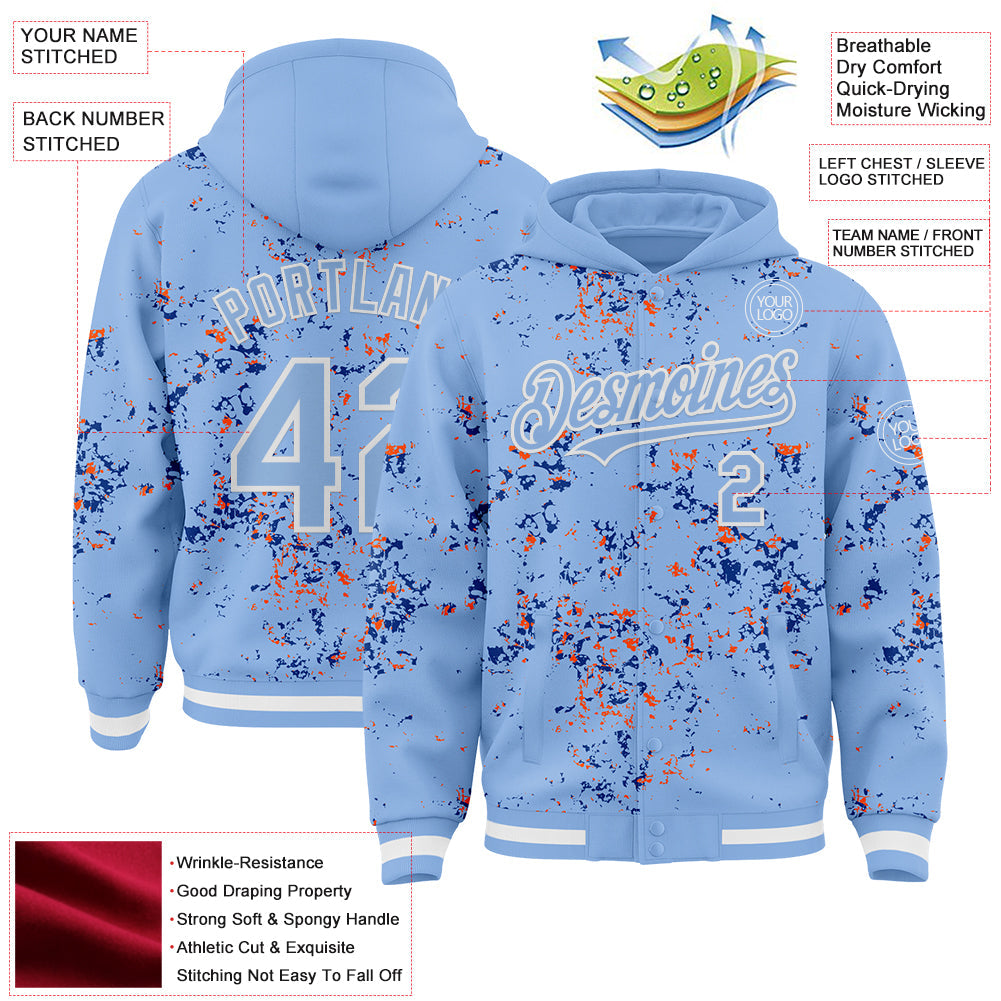 Custom Light Blue Royal Orange-White Fragment Pattern Bomber Full-Snap Varsity Letterman Hoodie Jacket view 4