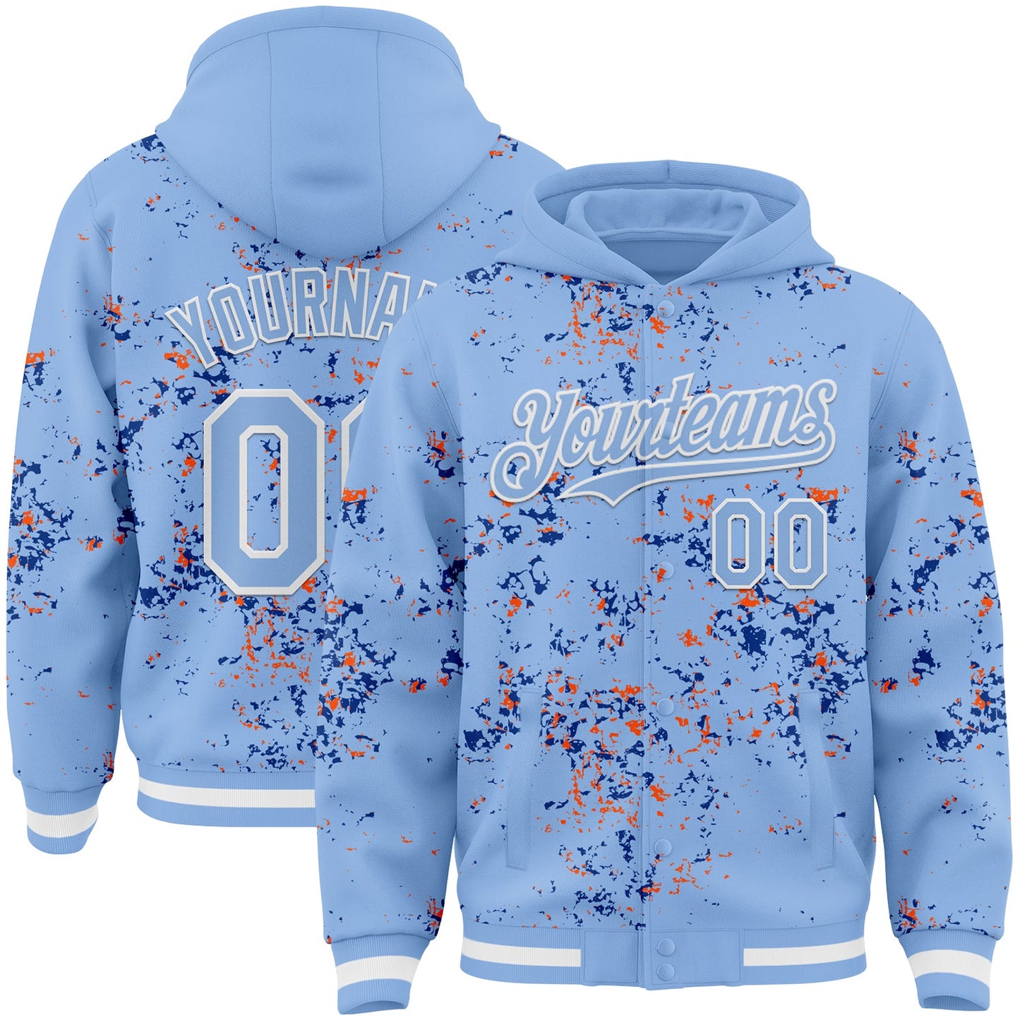 Custom Light Blue Royal Orange-White Fragment Pattern Bomber Full-Snap Varsity Letterman Hoodie Jacket - Main View