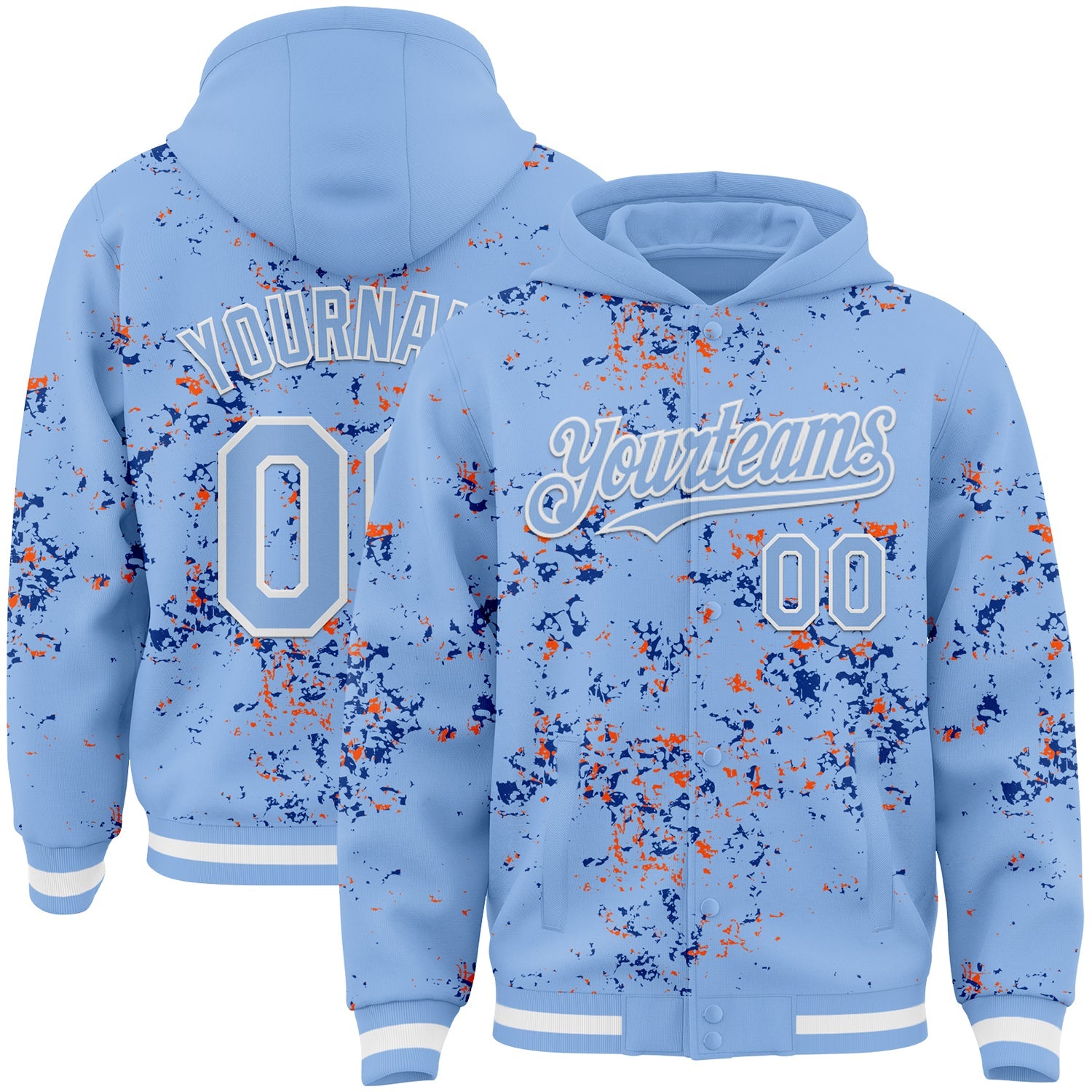 Custom Light Blue Royal Orange-White Fragment Pattern Bomber Full-Snap Varsity Letterman Hoodie Jacket - Main View