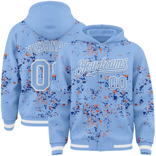Custom Light Blue Royal Orange-White Fragment Pattern Bomber Full-Snap Varsity Letterman Hoodie Jacket - Main View