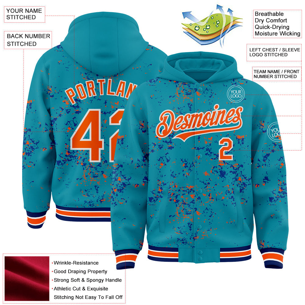 Custom Teal Orange Royal-White Fragment Pattern Bomber Full-Snap Varsity Letterman Hoodie Jacket view 4