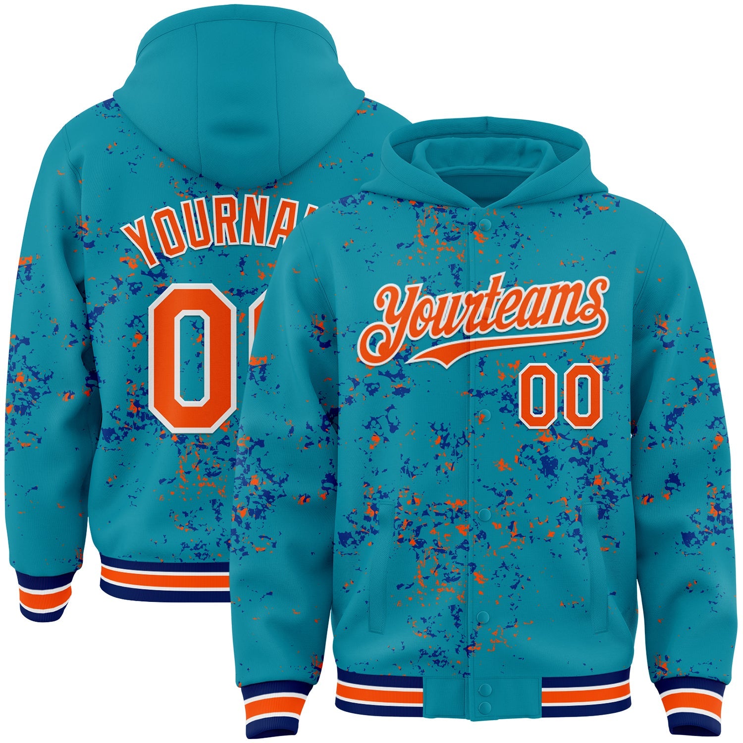 Custom Teal Orange Royal-White Fragment Pattern Bomber Full-Snap Varsity Letterman Hoodie Jacket - Main View