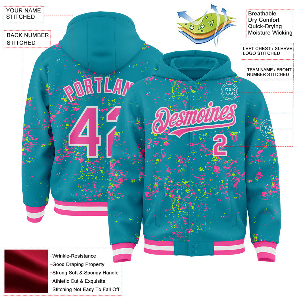 Custom Teal Pink Neon Green-White Fragment Pattern Bomber Full-Snap Varsity Letterman Hoodie Jacket view 4