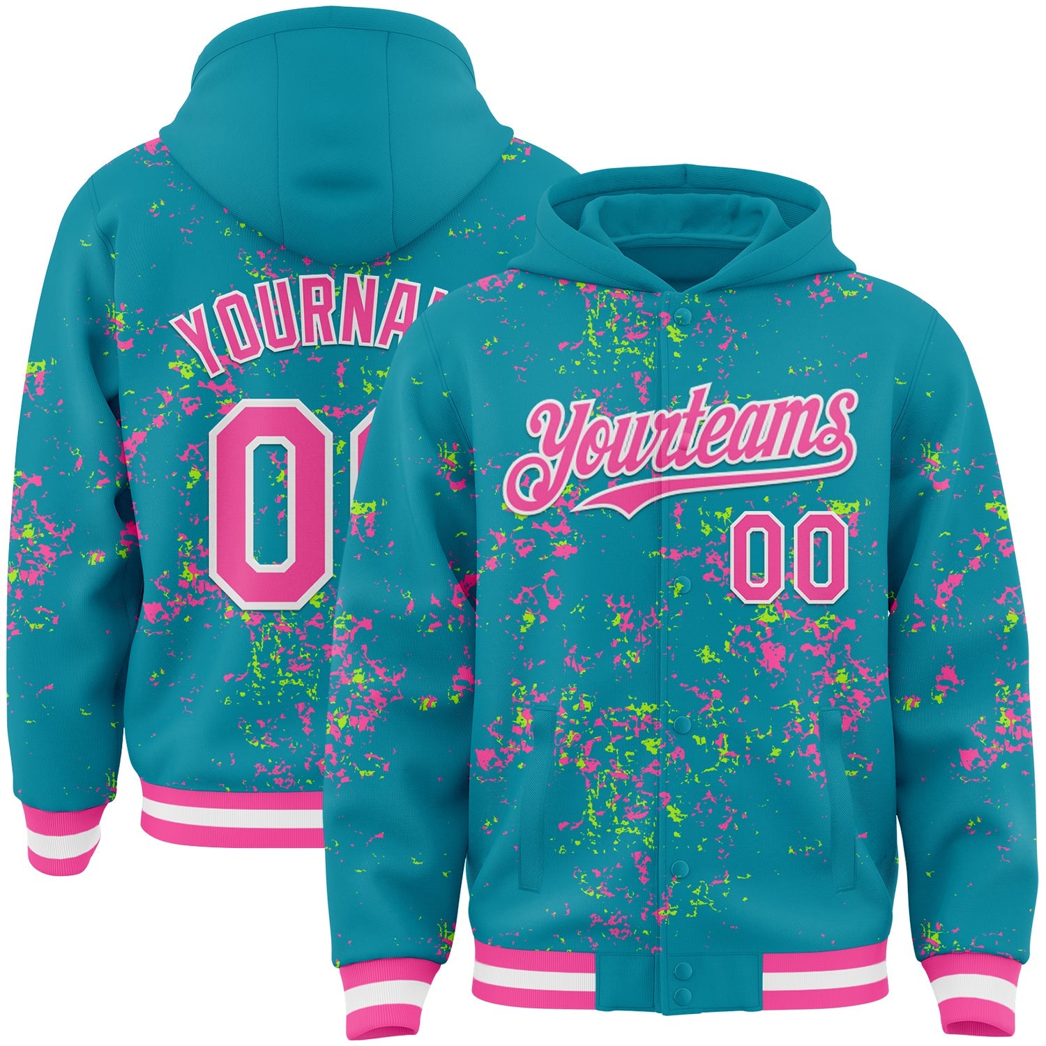Custom Teal Pink Neon Green-White Fragment Pattern Bomber Full-Snap Varsity Letterman Hoodie Jacket - Main View