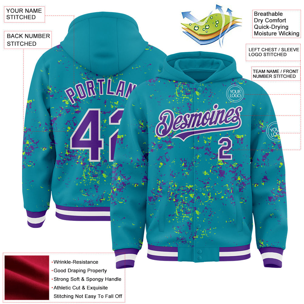 Custom Teal Purple Neon Green-White Fragment Pattern Bomber Full-Snap Varsity Letterman Hoodie Jacket view 4