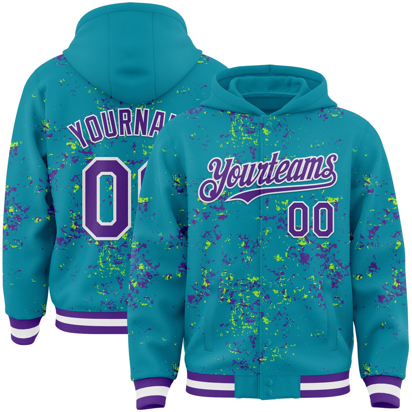 Custom Teal Purple Neon Green-White Fragment Pattern Bomber Full-Snap Varsity Letterman Hoodie Jacket - Main View