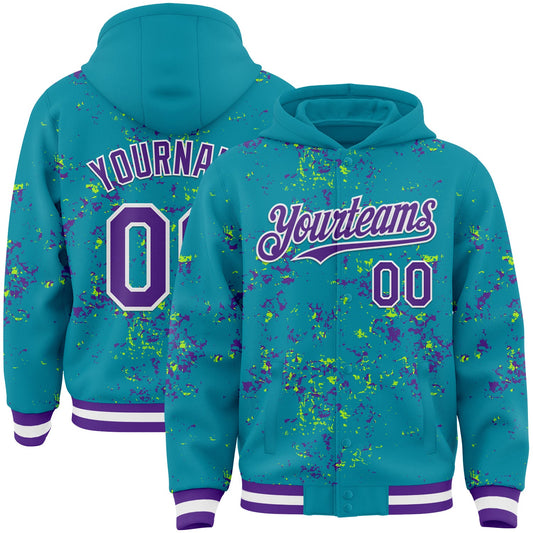 Custom Teal Purple Neon Green-White Fragment Pattern Bomber Full-Snap Varsity Letterman Hoodie Jacket - Main View