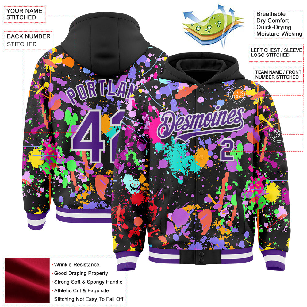 Custom Graffiti Pattern Purple Black-White Splash Bomber Full-Snap Varsity Letterman Hoodie Jacket view 4