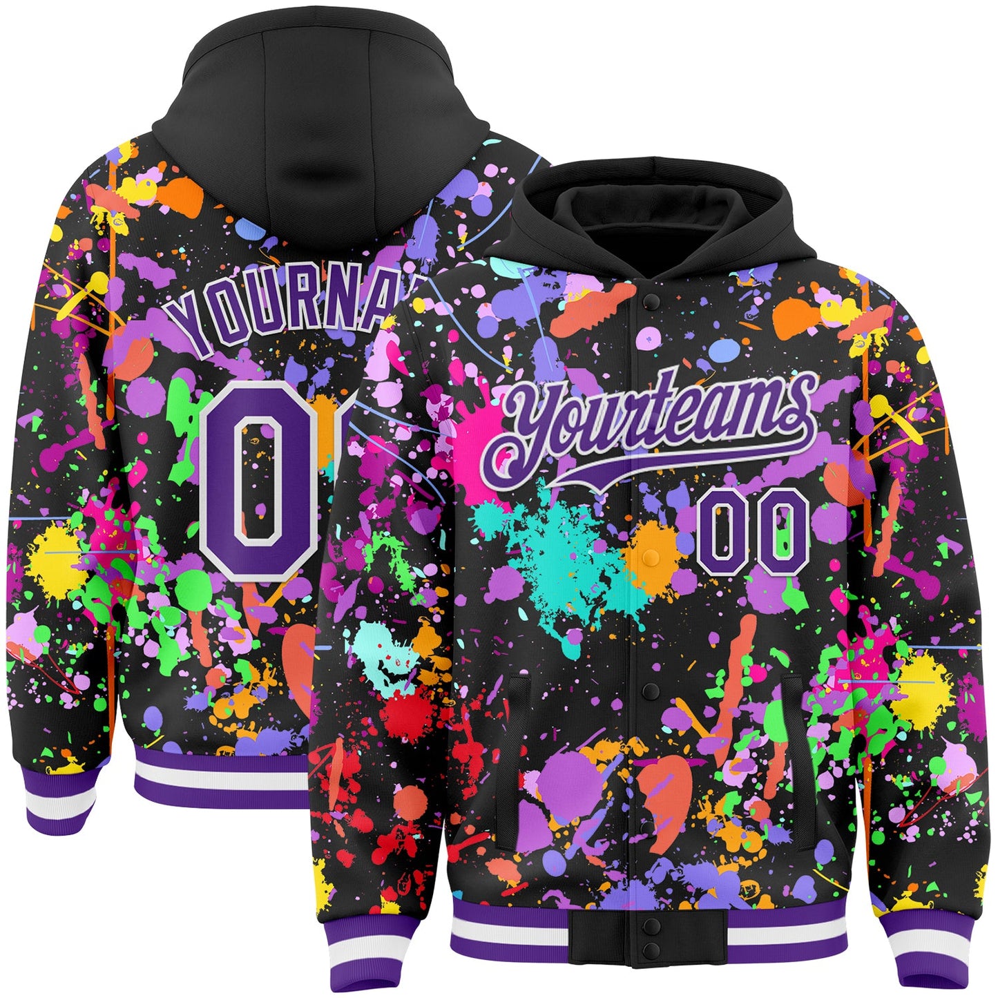 Custom Graffiti Pattern Purple Black-White Splash Bomber Full-Snap Varsity Letterman Hoodie Jacket - Main View