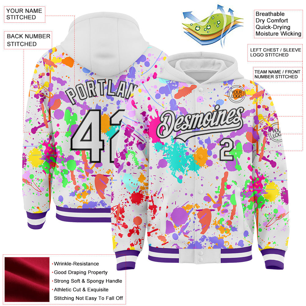 Custom Graffiti Pattern White Purple-Black Splash Bomber Full-Snap Varsity Letterman Hoodie Jacket view 4