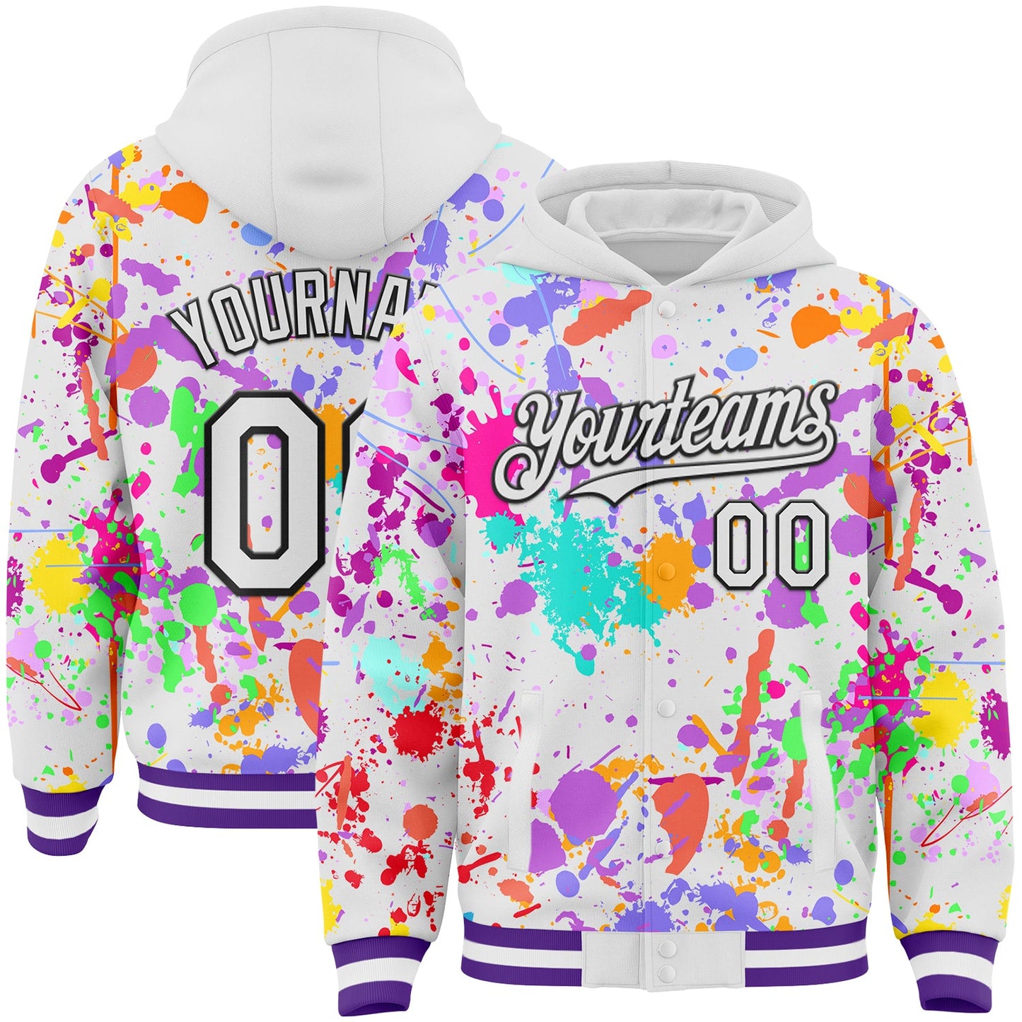 Custom Graffiti Pattern White Purple-Black Splash Bomber Full-Snap Varsity Letterman Hoodie Jacket - Main View