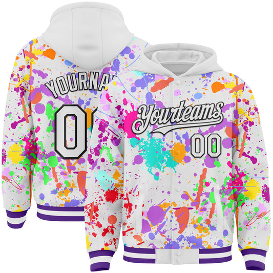 Custom Graffiti Pattern White Purple-Black Splash Bomber Full-Snap Varsity Letterman Hoodie Jacket - Main View