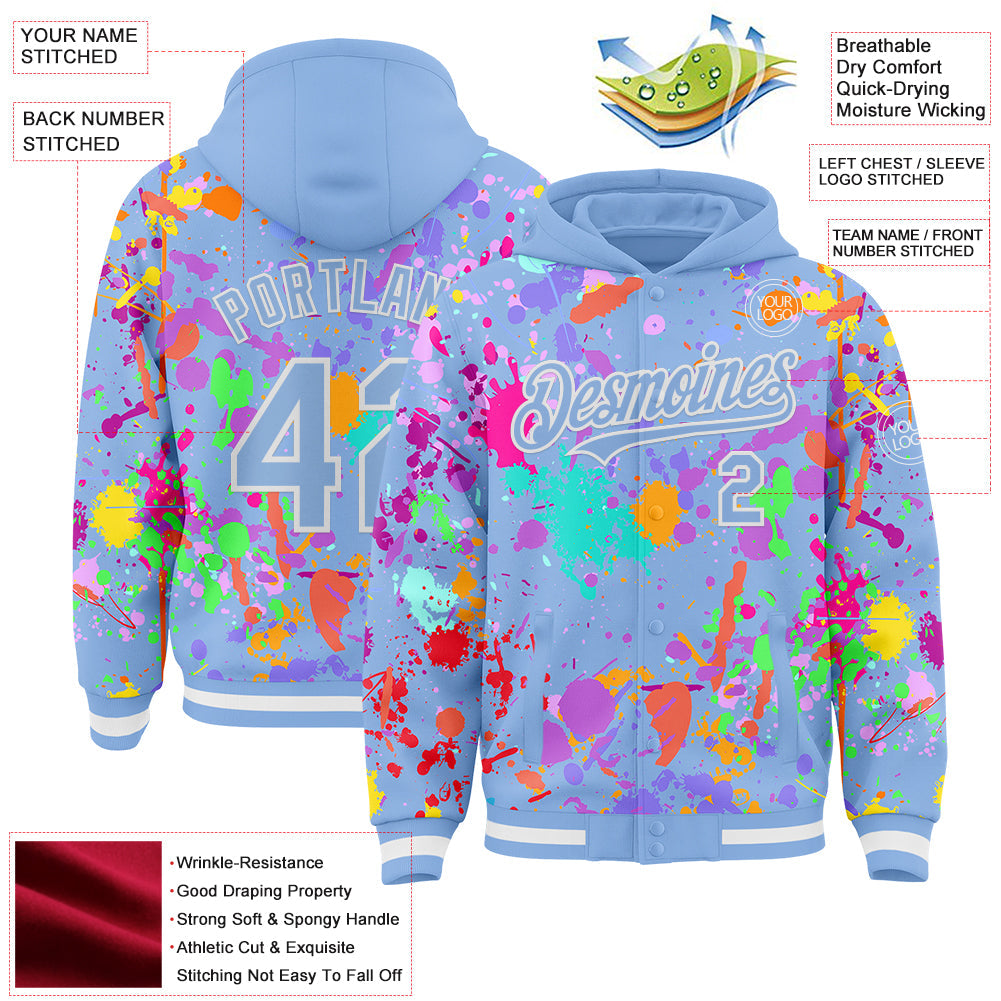 Custom Graffiti Pattern Light Blue-White Splash Bomber Full-Snap Varsity Letterman Hoodie Jacket view 4