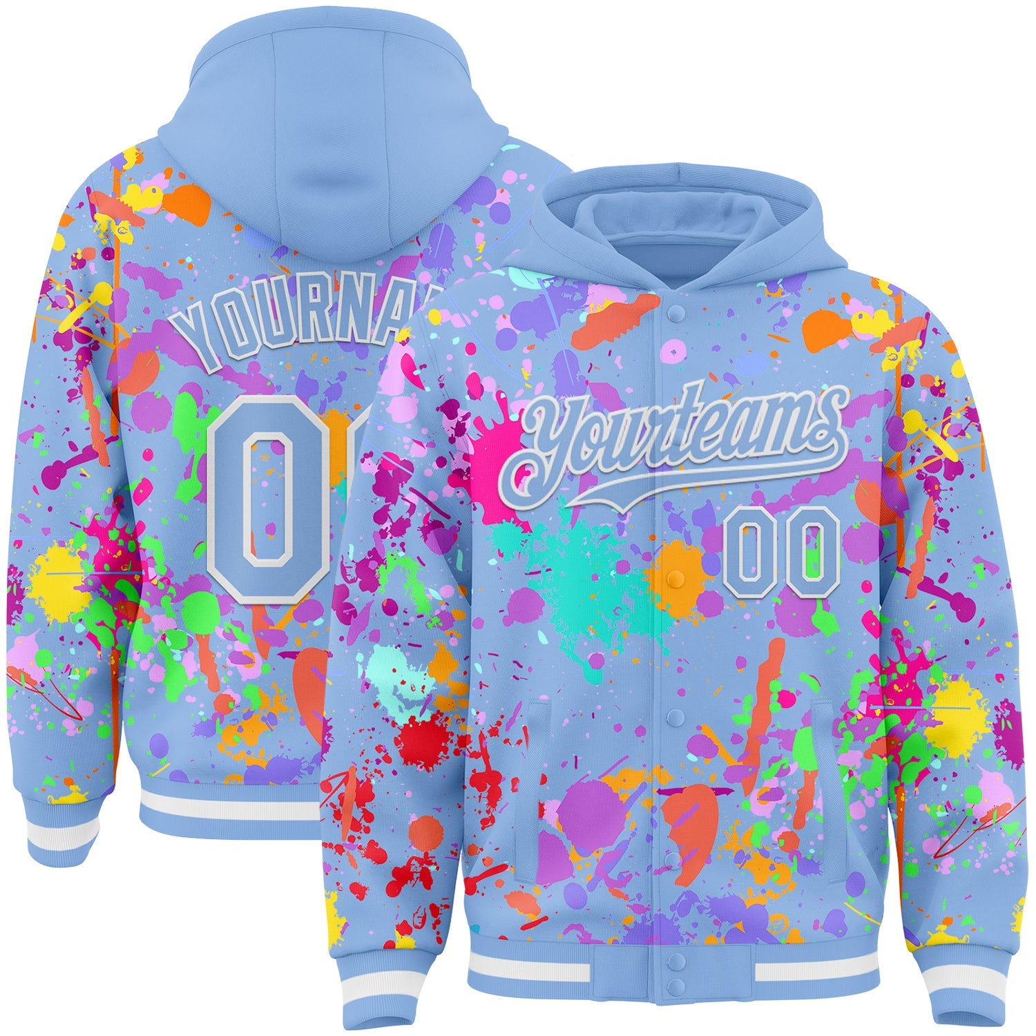 Custom Graffiti Pattern Light Blue-White Splash Bomber Full-Snap Varsity Letterman Hoodie Jacket - Main View