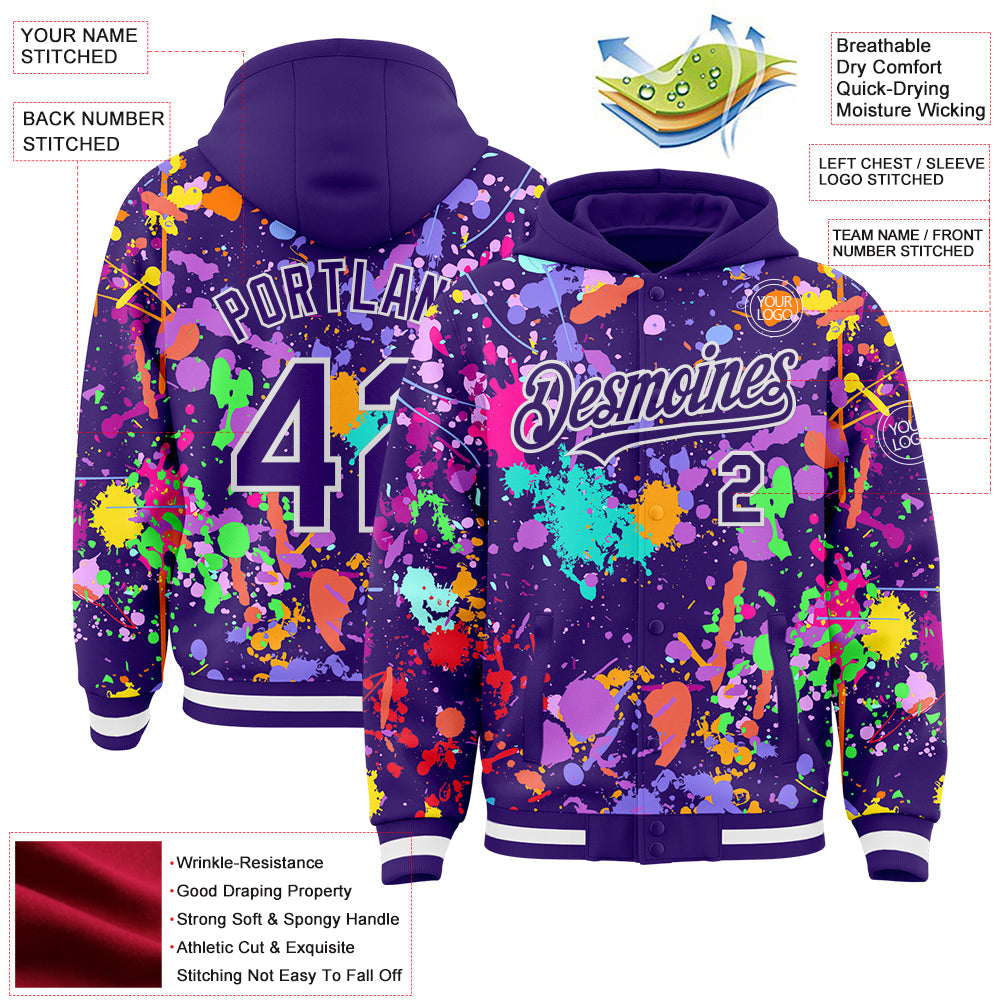 Custom Graffiti Pattern Purple-White Splash Bomber Full-Snap Varsity Letterman Hoodie Jacket view 4