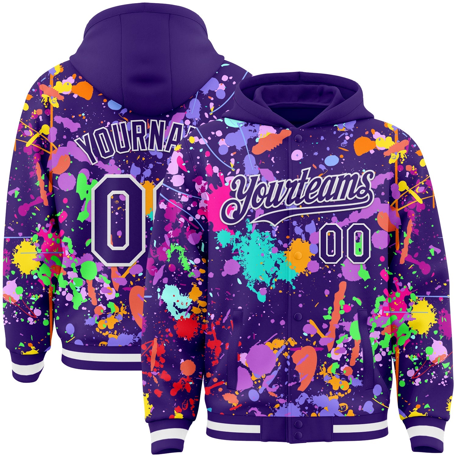 Custom Graffiti Pattern Purple-White Splash Bomber Full-Snap Varsity Letterman Hoodie Jacket - Main View