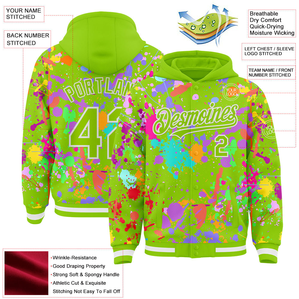 Custom Graffiti Pattern Neon Green-White Splash Bomber Full-Snap Varsity Letterman Hoodie Jacket view 4