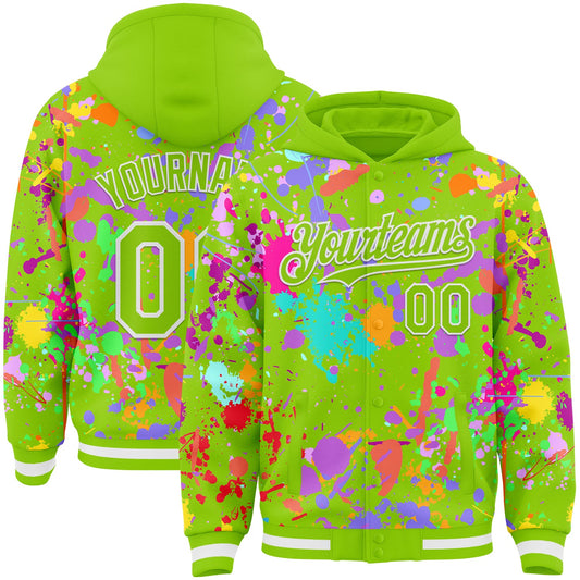 Custom Graffiti Pattern Neon Green-White Splash Bomber Full-Snap Varsity Letterman Hoodie Jacket - Main View