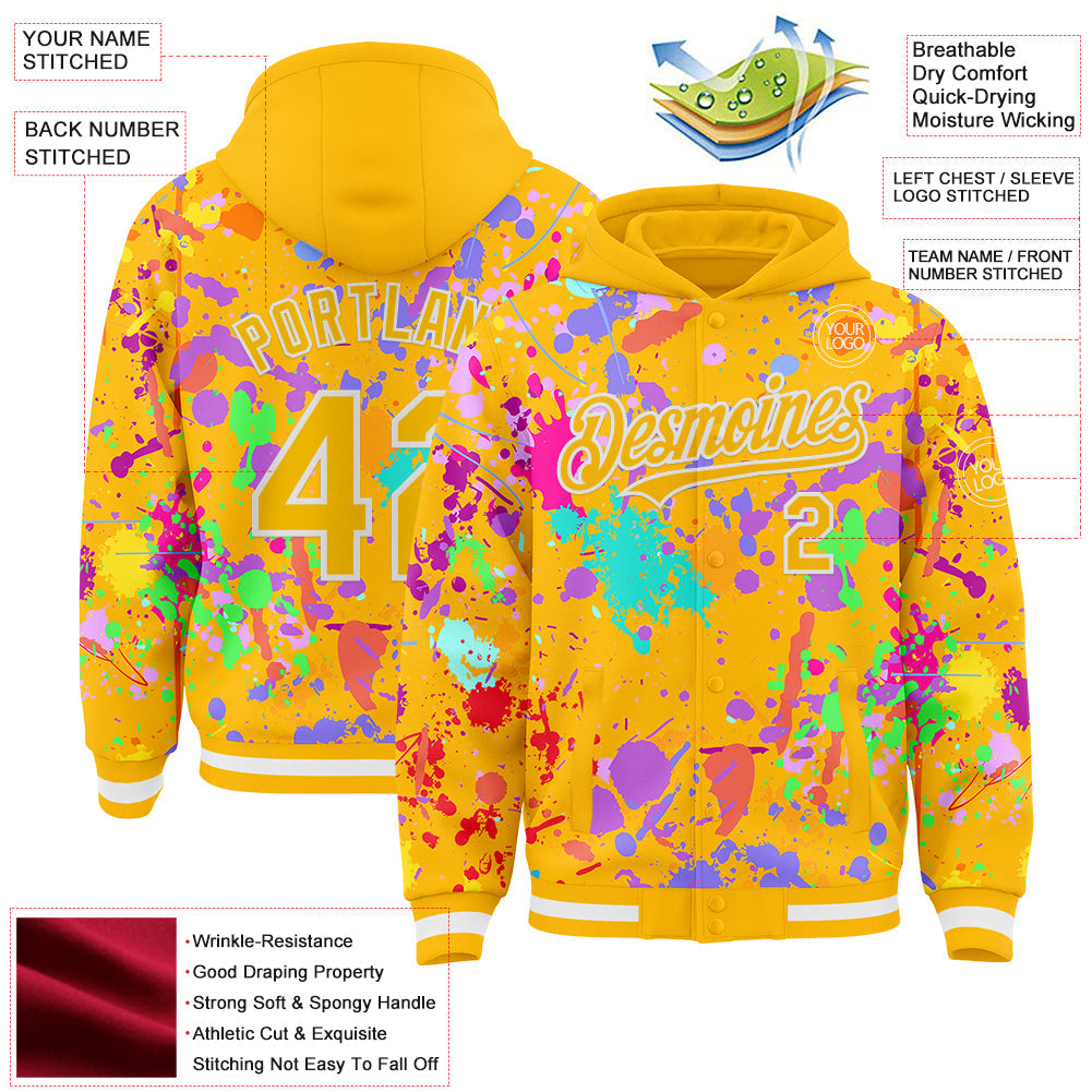Custom Graffiti Pattern Gold-White Splash Bomber Full-Snap Varsity Letterman Hoodie Jacket view 4
