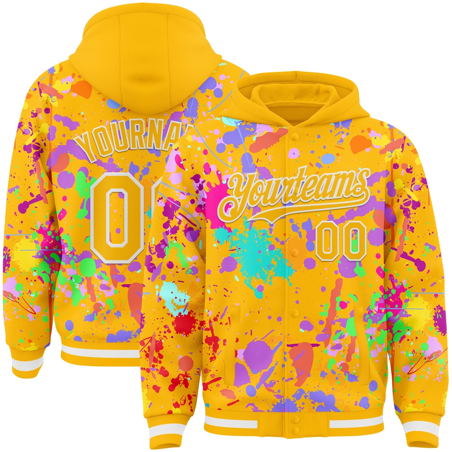 Custom Graffiti Pattern Gold-White Splash Bomber Full-Snap Varsity Letterman Hoodie Jacket - Main View