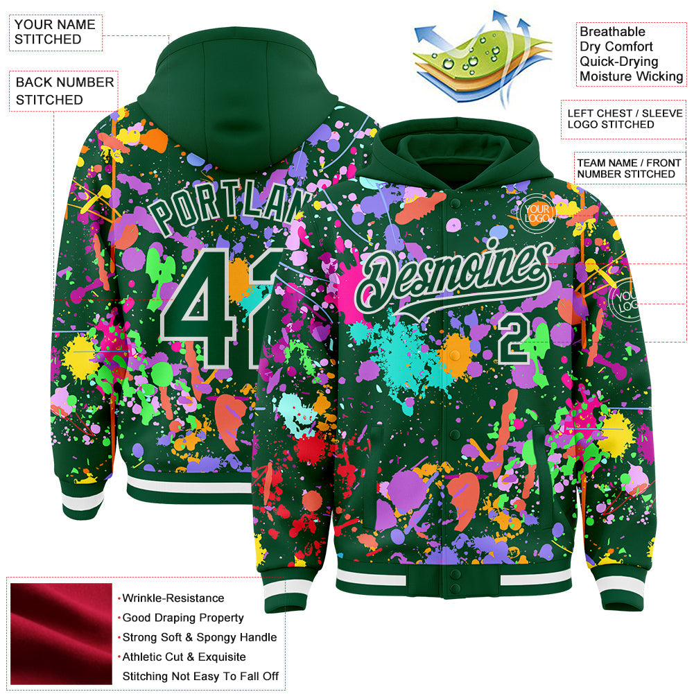 Custom Graffiti Pattern Kelly Green-White Splash Bomber Full-Snap Varsity Letterman Hoodie Jacket view 4