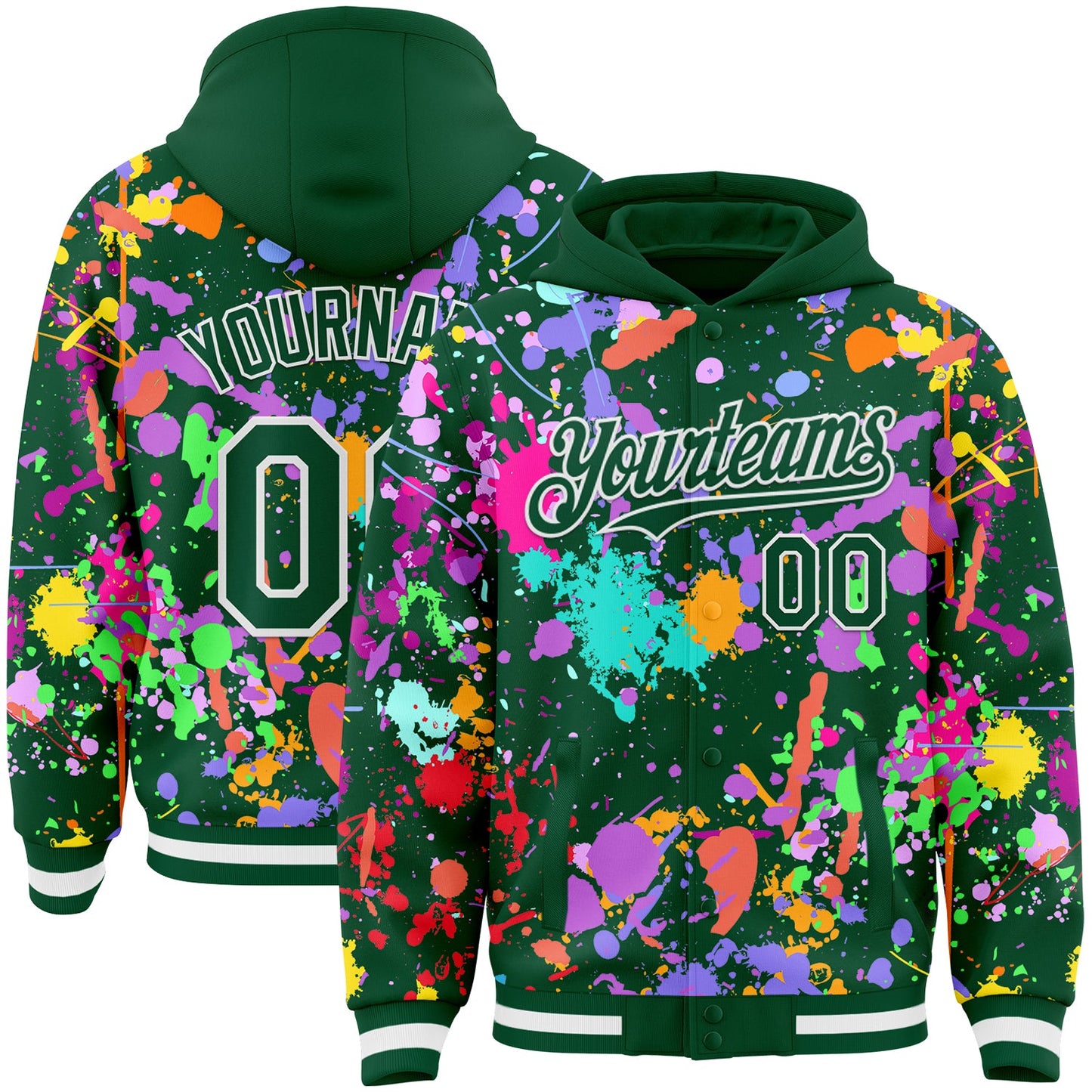 Custom Graffiti Pattern Kelly Green-White Splash Bomber Full-Snap Varsity Letterman Hoodie Jacket - Main View