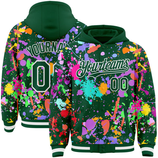 Custom Graffiti Pattern Kelly Green-White Splash Bomber Full-Snap Varsity Letterman Hoodie Jacket - Main View