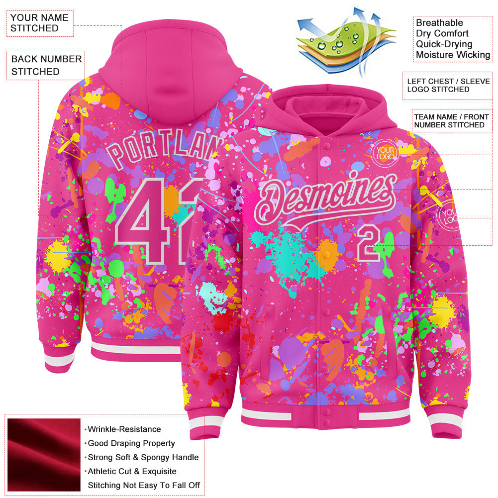 Custom Graffiti Pattern Pink-White Splash Bomber Full-Snap Varsity Letterman Hoodie Jacket view 4