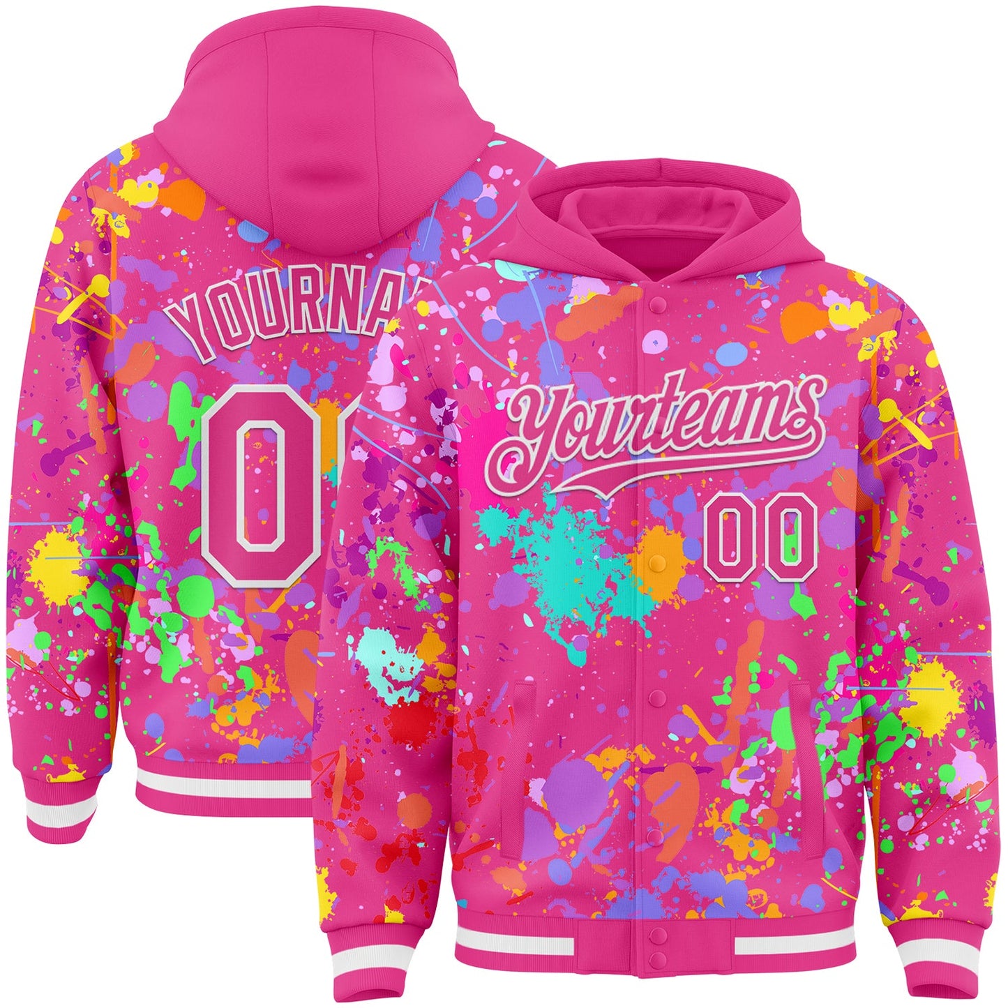 Custom Graffiti Pattern Pink-White Splash Bomber Full-Snap Varsity Letterman Hoodie Jacket - Main View