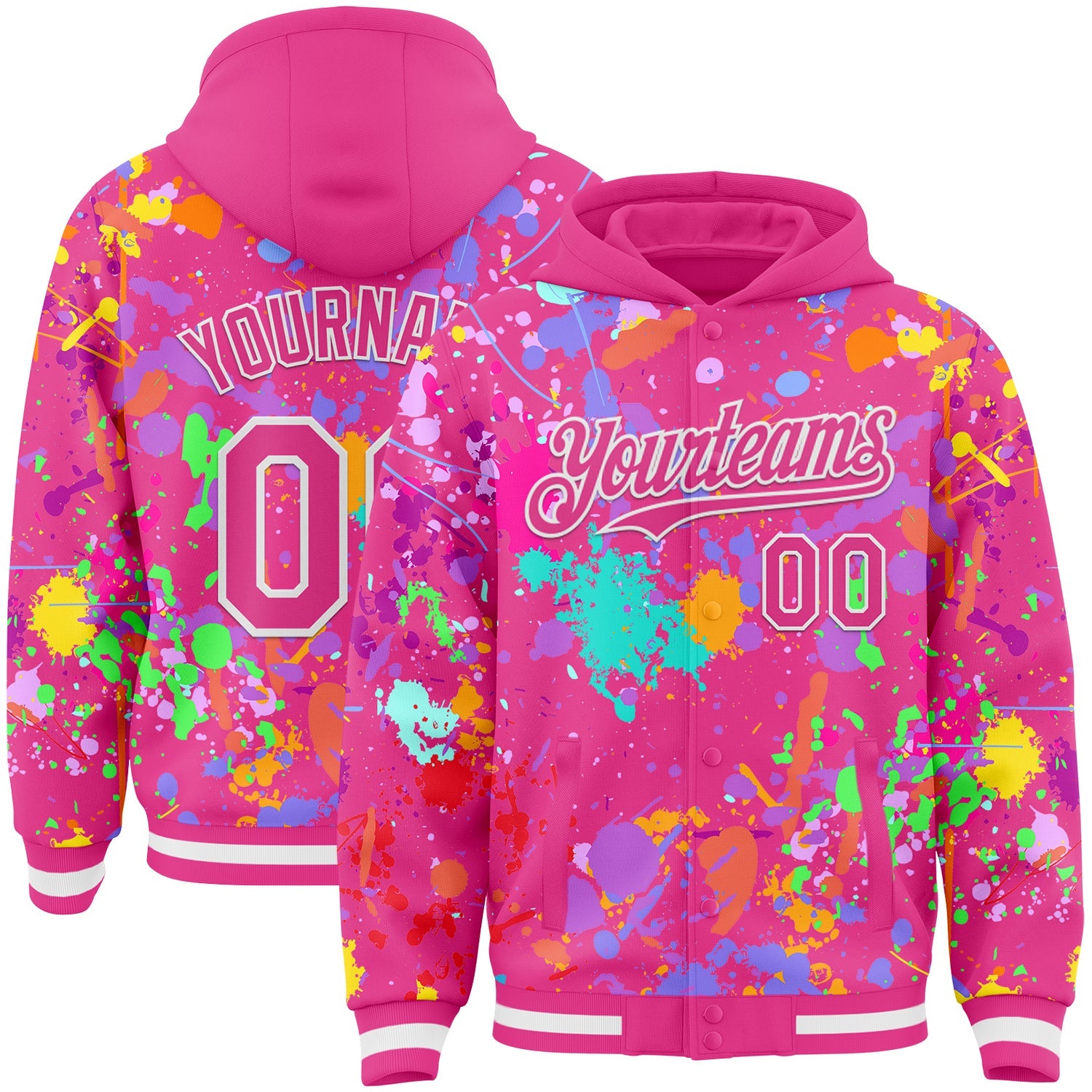 Custom Graffiti Pattern Pink-White Splash Bomber Full-Snap Varsity Letterman Hoodie Jacket - Main View