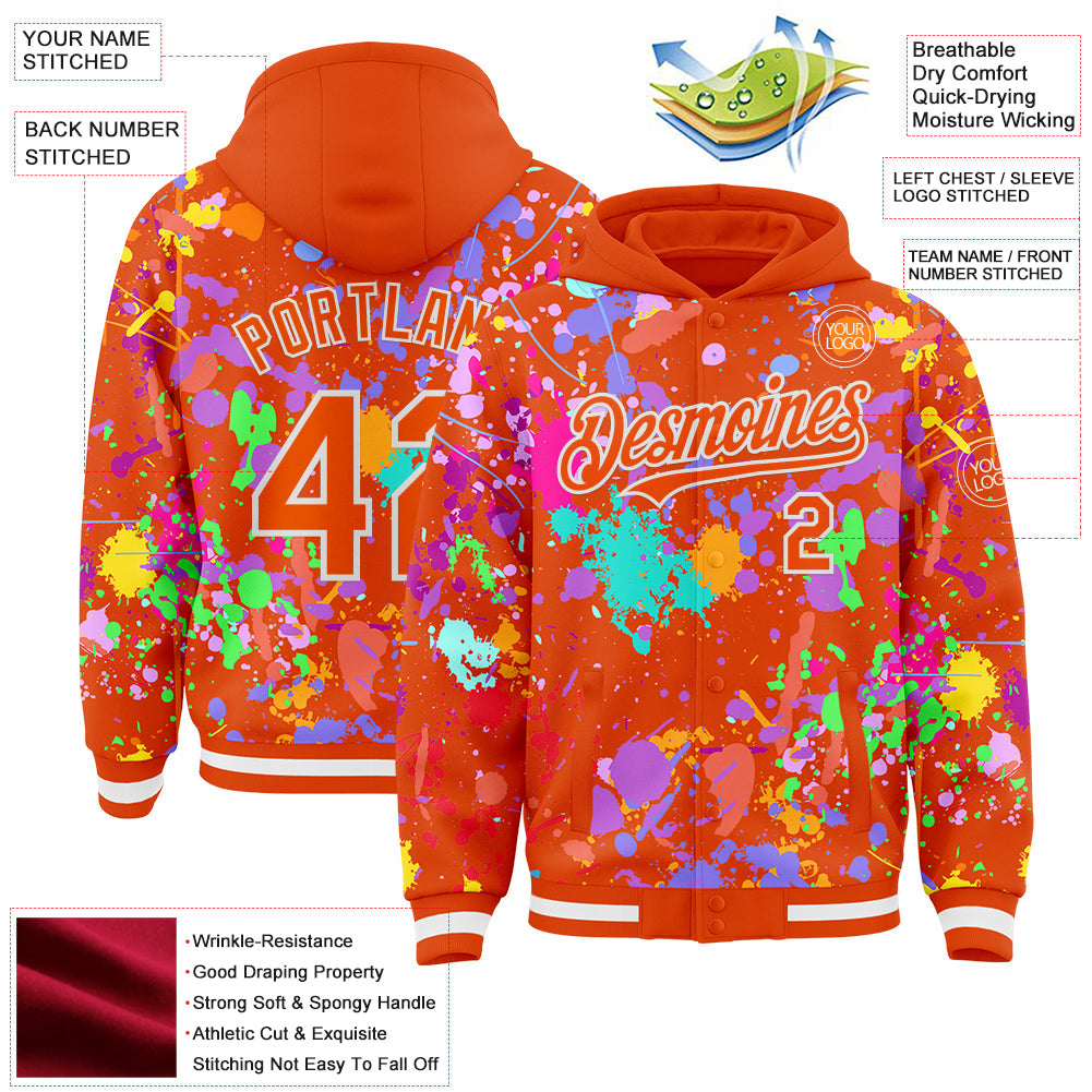 Custom Graffiti Pattern Orange-White Splash Bomber Full-Snap Varsity Letterman Hoodie Jacket view 4