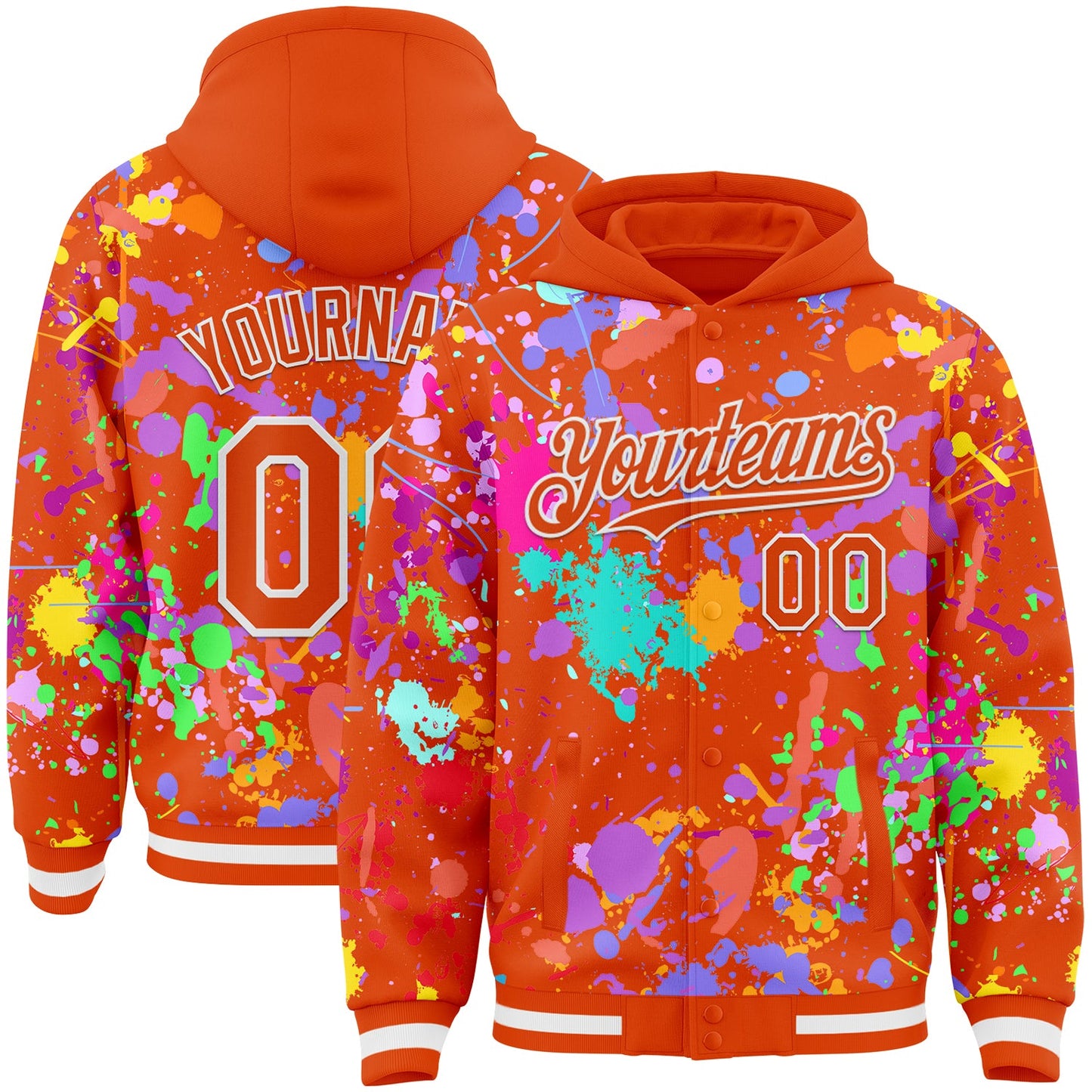 Custom Graffiti Pattern Orange-White Splash Bomber Full-Snap Varsity Letterman Hoodie Jacket - Main View