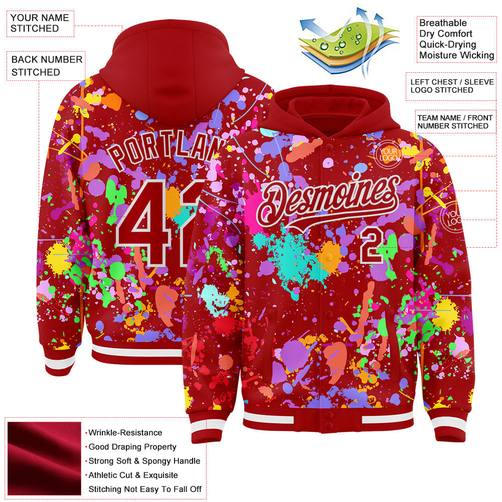 Custom Graffiti Pattern Red-White Splash Bomber Full-Snap Varsity Letterman Hoodie Jacket view 4
