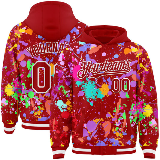 Custom Graffiti Pattern Red-White Splash Bomber Full-Snap Varsity Letterman Hoodie Jacket - Main View