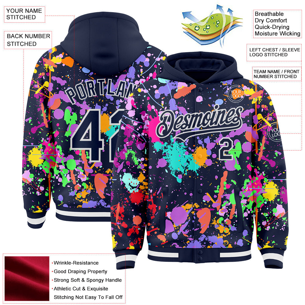 Custom Graffiti Pattern Navy-White Splash Bomber Full-Snap Varsity Letterman Hoodie Jacket view 4